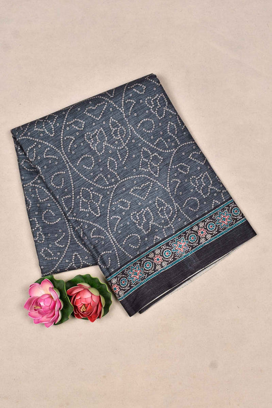 Grey Manipuri Semi Tussar Digital Printed Paisely Pallu Saree