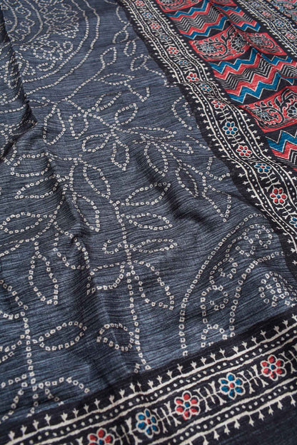 Grey Manipuri Semi Tussar Printed Ajrakh Style Pallu Saree