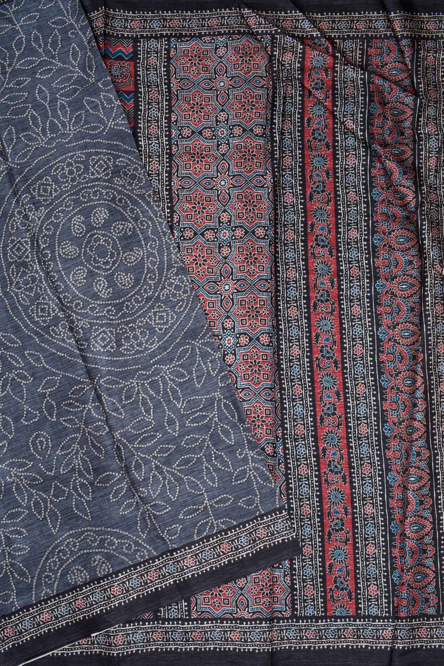 Grey Manipuri Semi Tussar Printed Ajrakh Style Pallu Saree