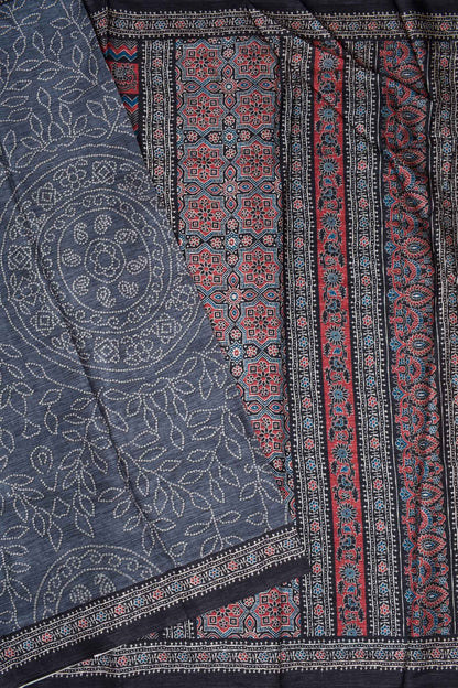 Grey Manipuri Semi Tussar Printed Ajrakh Style Pallu Saree