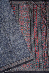 Grey Manipuri Semi Tussar Printed Ajrakh Style Pallu Saree