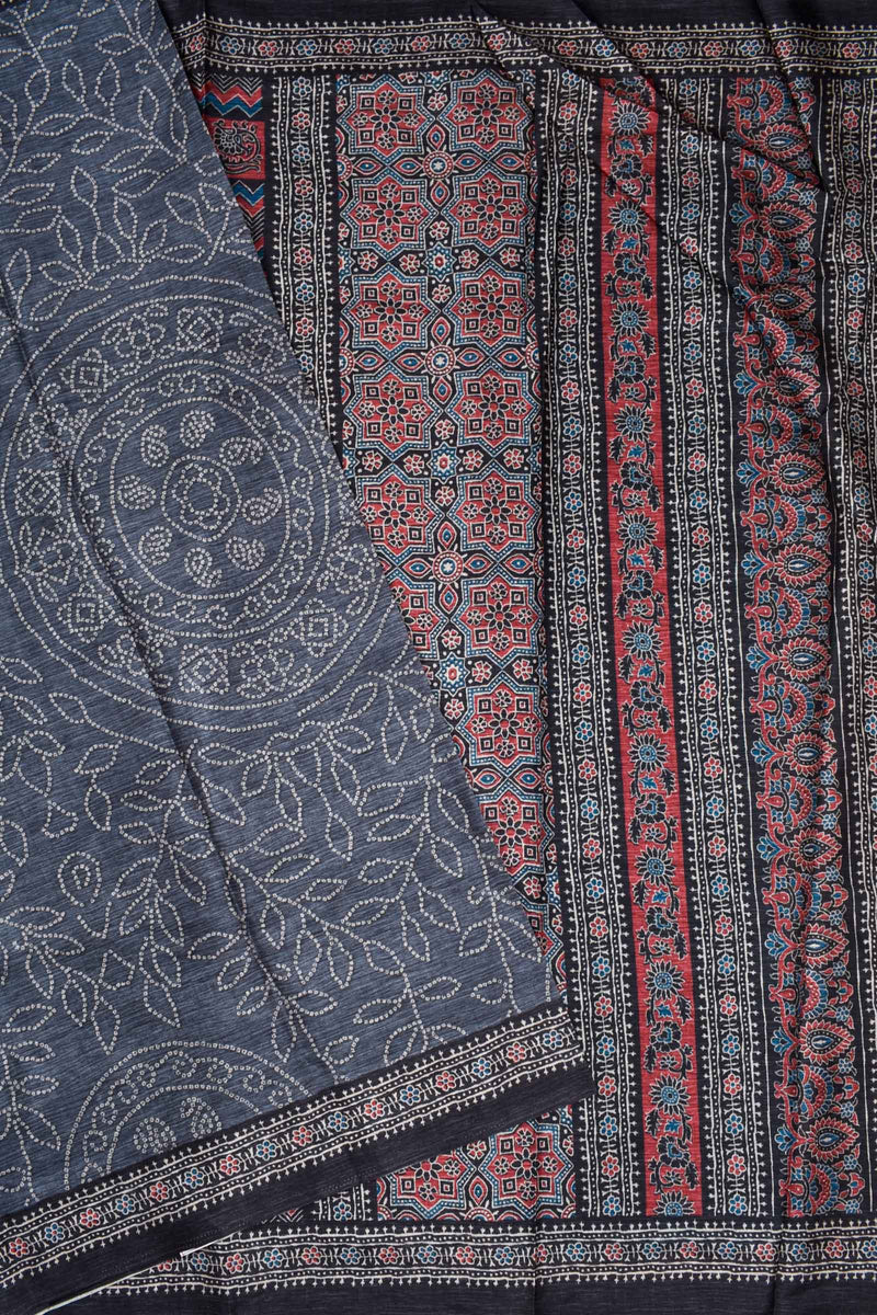 Grey Manipuri Semi Tussar Printed Ajrakh Style Pallu Saree