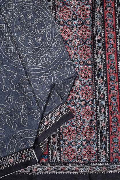 Grey Manipuri Semi Tussar Printed Ajrakh Style Pallu Saree