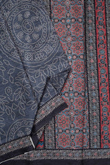 Grey Manipuri Semi Tussar Printed Ajrakh Style Pallu Saree