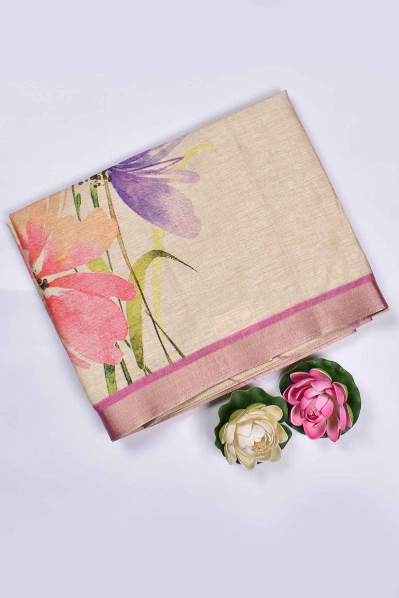 Off White Semi Tussar Floral Garden Printed Saree