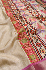 Off White Semi Tussar Floral Garden Printed Saree