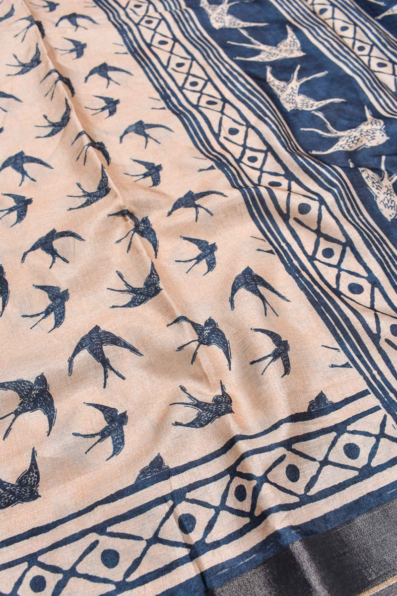 Off white Semi Tussar Birds in Sky Printed Saree