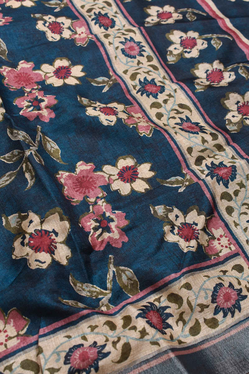 Dark Blue Semi Tussar Floral PaintBook Printed Saree