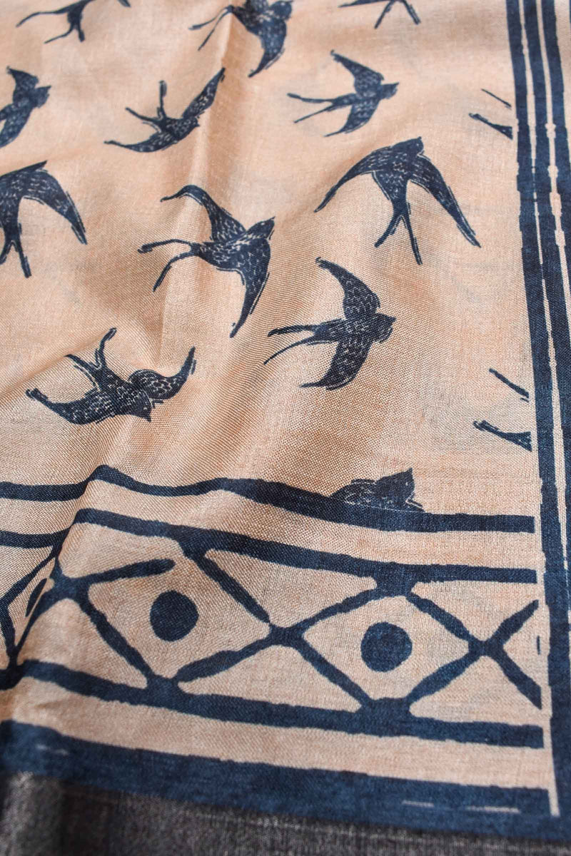 Off white Semi Tussar Birds in Sky Printed Saree