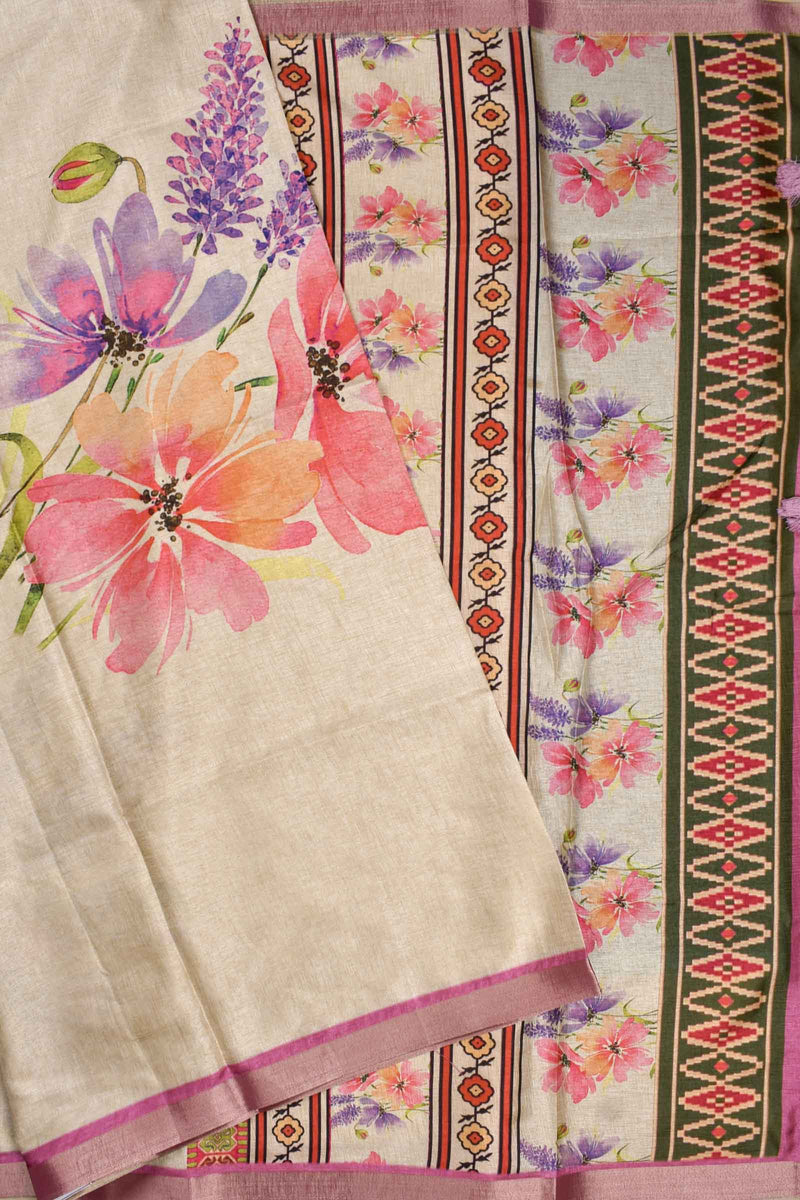 Off White Semi Tussar Floral Garden Printed Saree