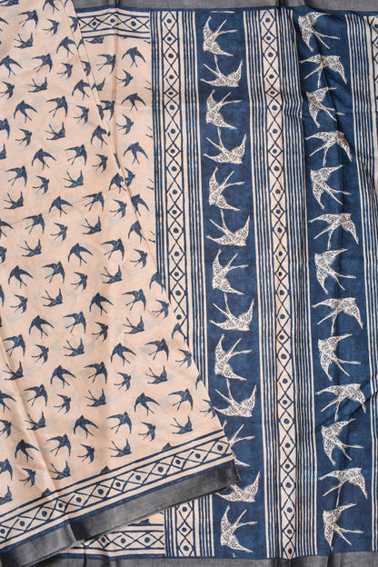 Off white Semi Tussar Birds in Sky Printed Saree