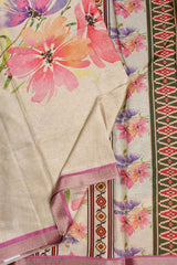 Off White Semi Tussar Floral Garden Printed Saree