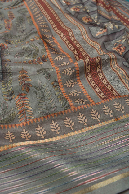 Grey Soft Dola LeafBook Printed Saree