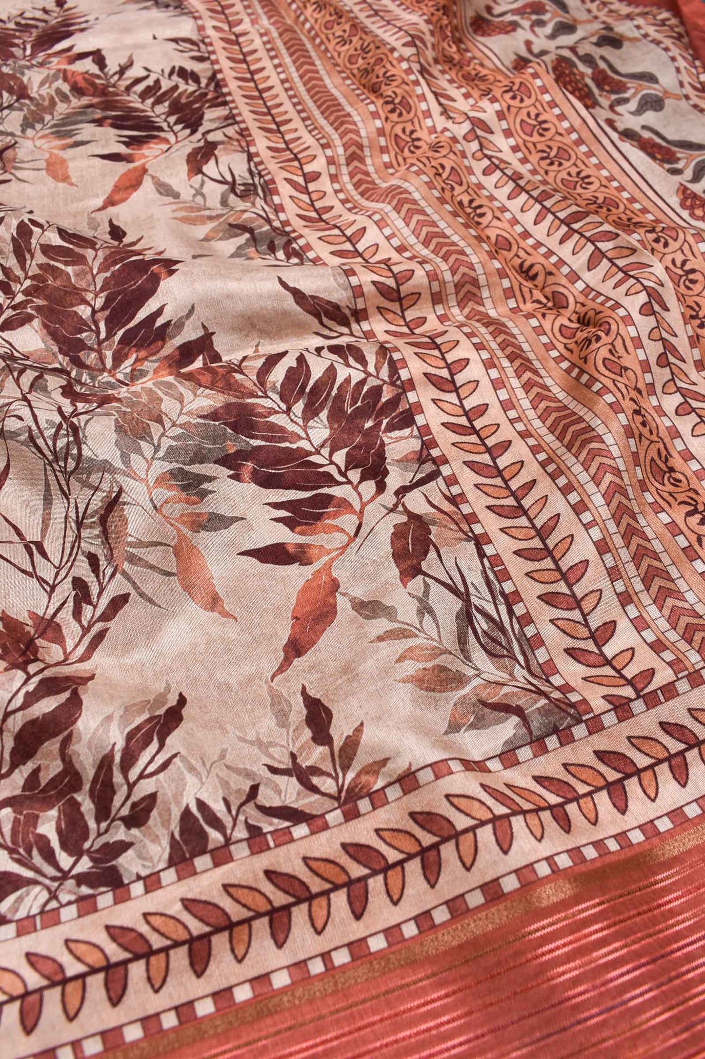 Light Brown Soft Dola Leaves Printed Saree