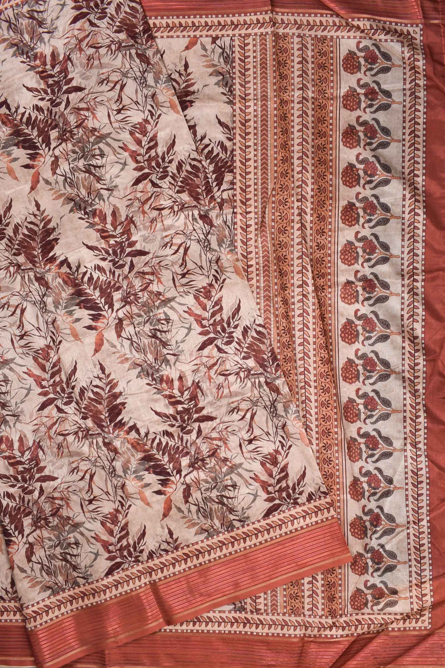 Light Brown Soft Dola Leaves Printed Saree