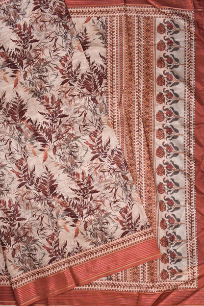 Light Brown Soft Dola Leaves Printed Saree