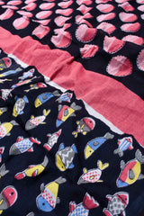 Black Mul Mul Cotton Fishes Hand Block Printed Saree