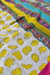 White Yellow Elephants Mul Mul Cotton Hand Block Printed Saree