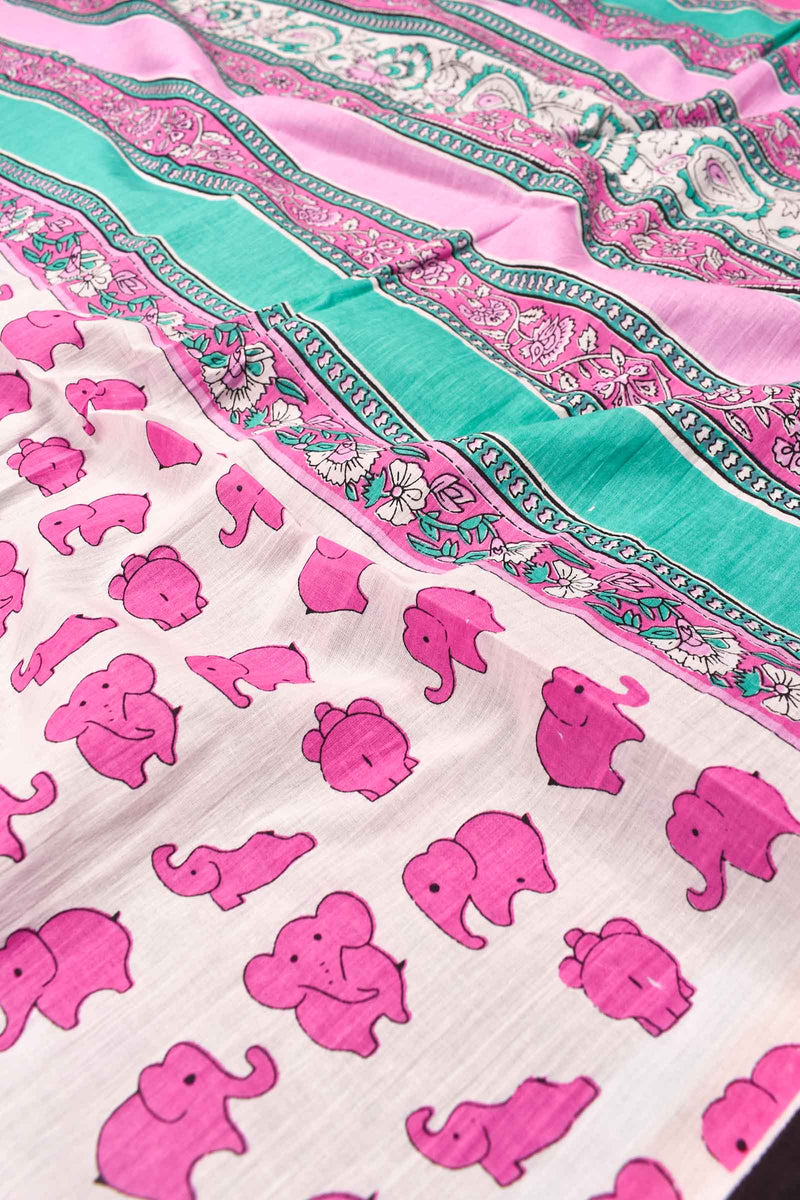 White Pink Elephants Mul Mul Cotton Hand Block Printed Saree