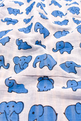 White Blue Elephants Mul Mul Cotton Hand Block Printed Saree