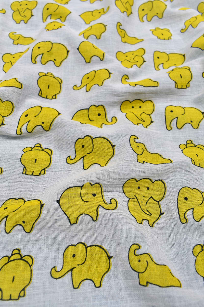 White Yellow Elephants Mul Mul Cotton Hand Block Printed Saree