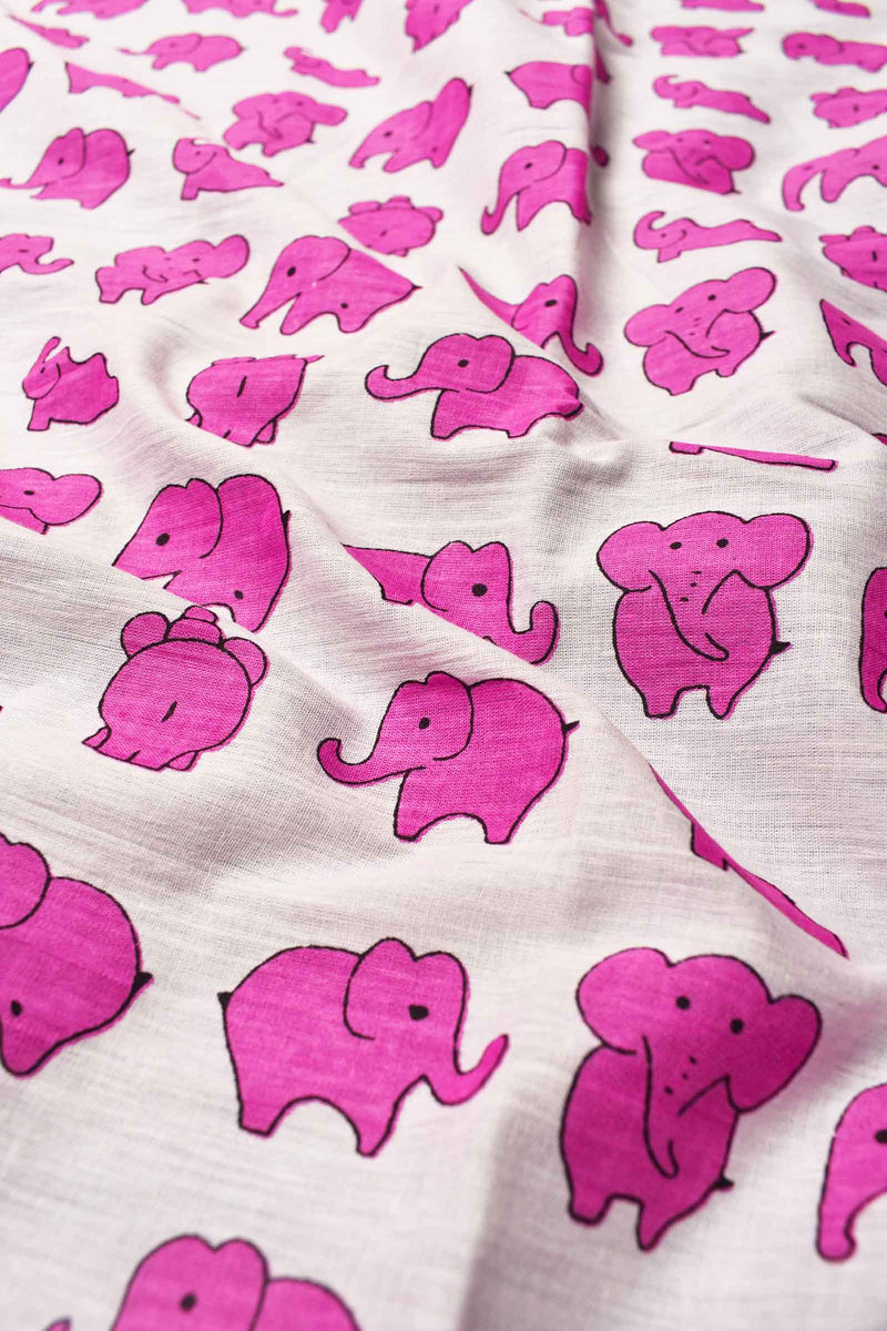 White Pink Elephants Mul Mul Cotton Hand Block Printed Saree