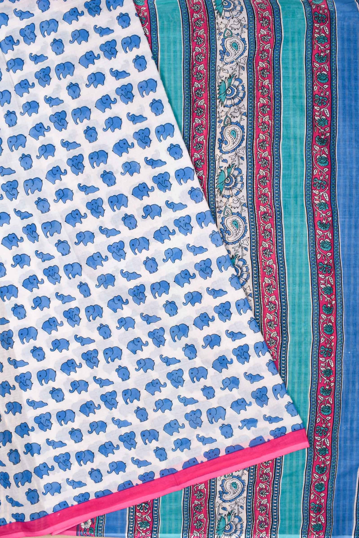 White Blue Elephants Mul Mul Cotton Hand Block Printed Saree