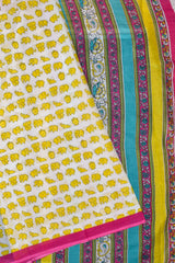 White Yellow Elephants Mul Mul Cotton Hand Block Printed Saree