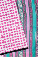 White Pink Elephants Mul Mul Cotton Hand Block Printed Saree