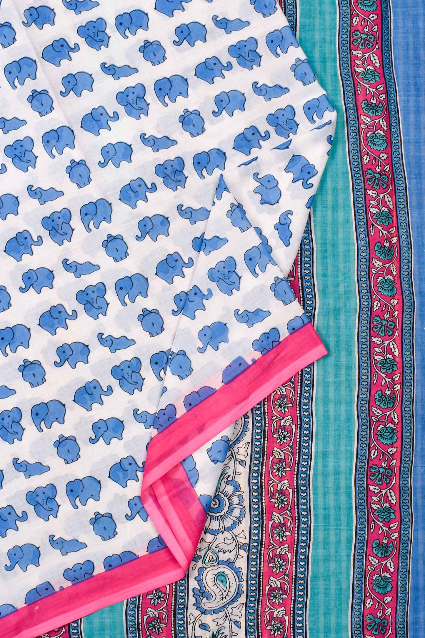 White Blue Elephants Mul Mul Cotton Hand Block Printed Saree