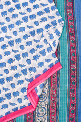 White Blue Elephants Mul Mul Cotton Hand Block Printed Saree