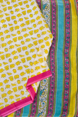 White Yellow Elephants Mul Mul Cotton Hand Block Printed Saree