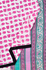 White Pink Elephants Mul Mul Cotton Hand Block Printed Saree