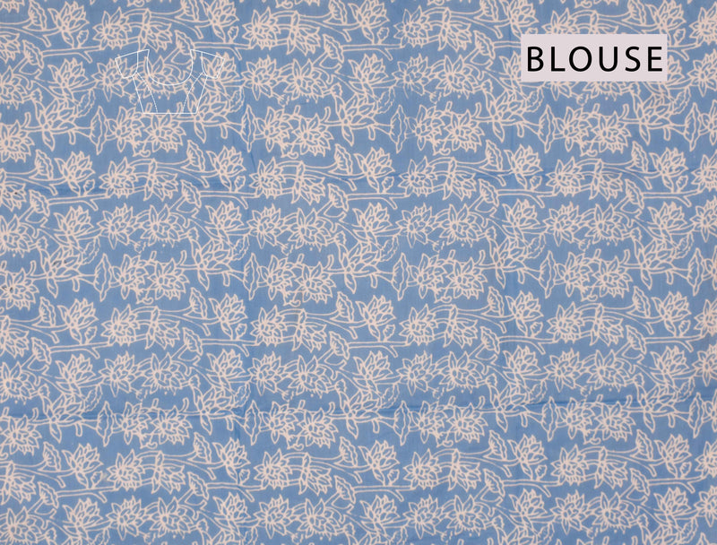 Blue Mul Mul Cotton Mushrooms Hand Bock Printed Saree