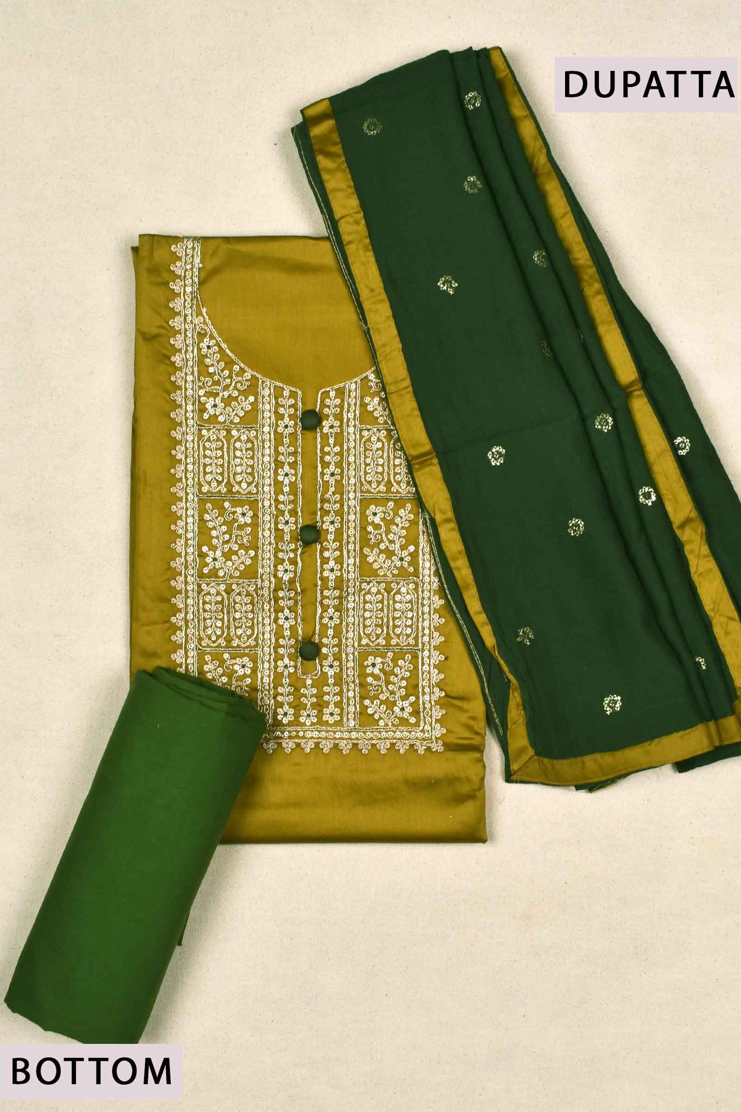 Olive Green Chanderi  Sequence Neck Contrast Cotton Bottom Chudithar Material Suit