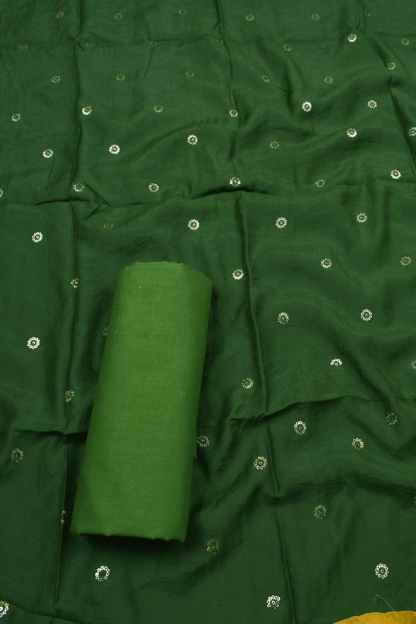 Olive Green Chanderi  Sequence Neck Contrast Cotton Bottom Chudithar Material Suit