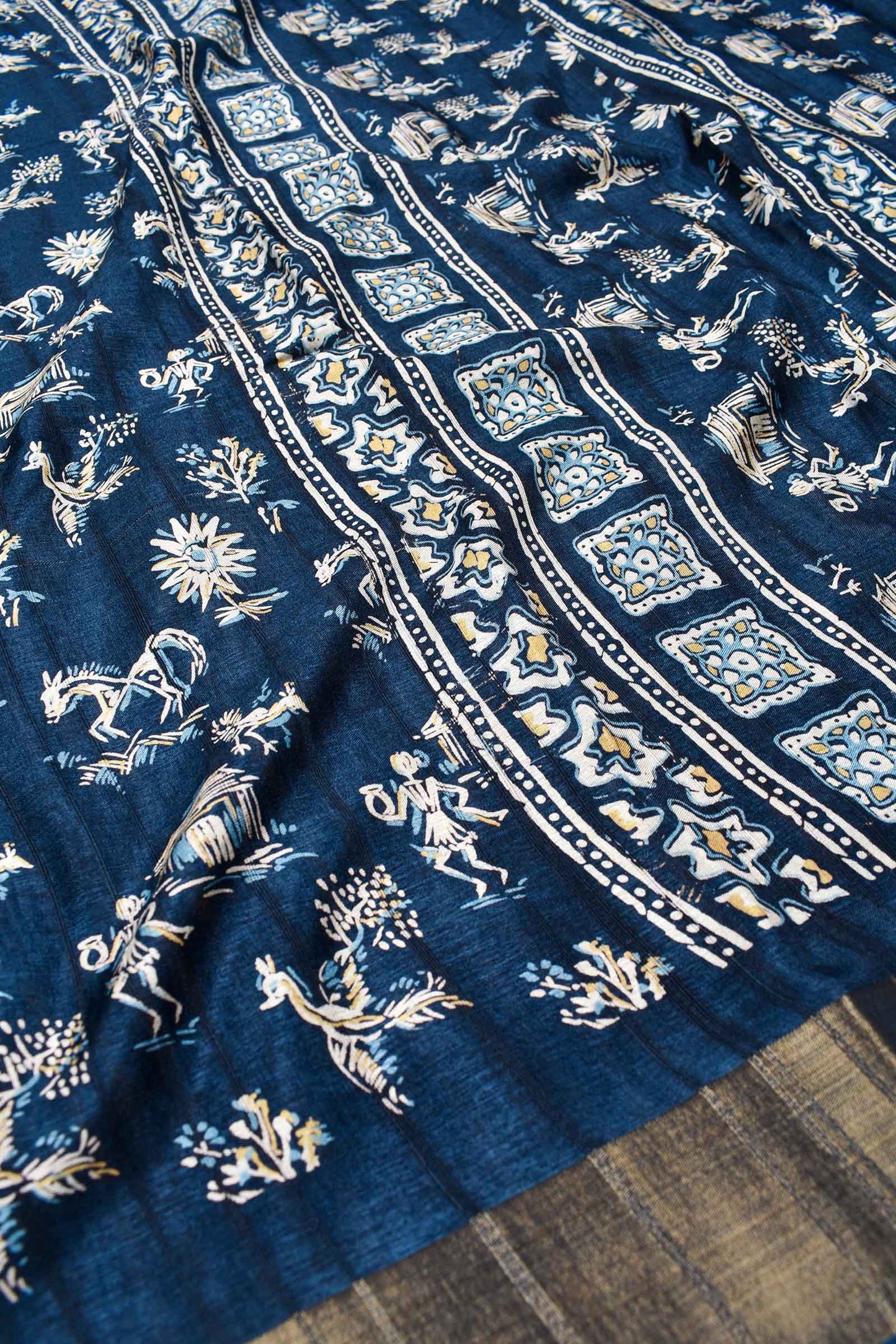 Blue Kotha Cotton Folk Scenes Printed Zari Border Saree