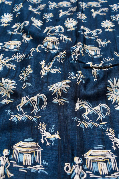 Blue Kotha Cotton Folk Scenes Printed Zari Border Saree