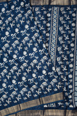 Blue Kotha Cotton Folk Scenes Printed Zari Border Saree