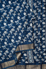 Blue Kotha Cotton Folk Scenes Printed Zari Border Saree