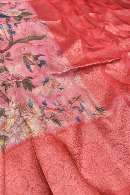 Pink Fancy Barbari Silk Bird Garden Print Saree