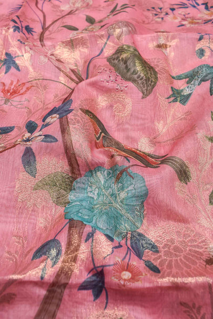 Pink Fancy Barbari Silk Bird Garden Print Saree