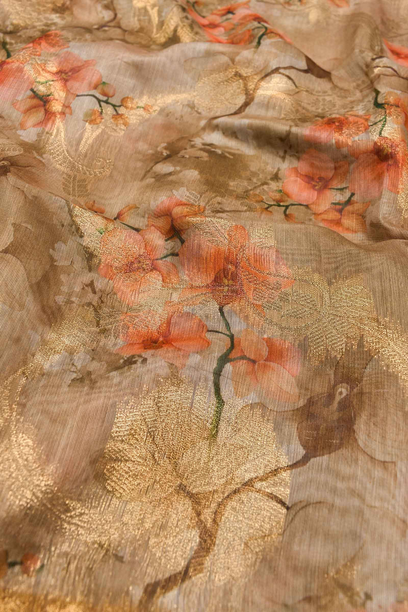 Light Brown Fancy Barbari Silk Floral Print Saree