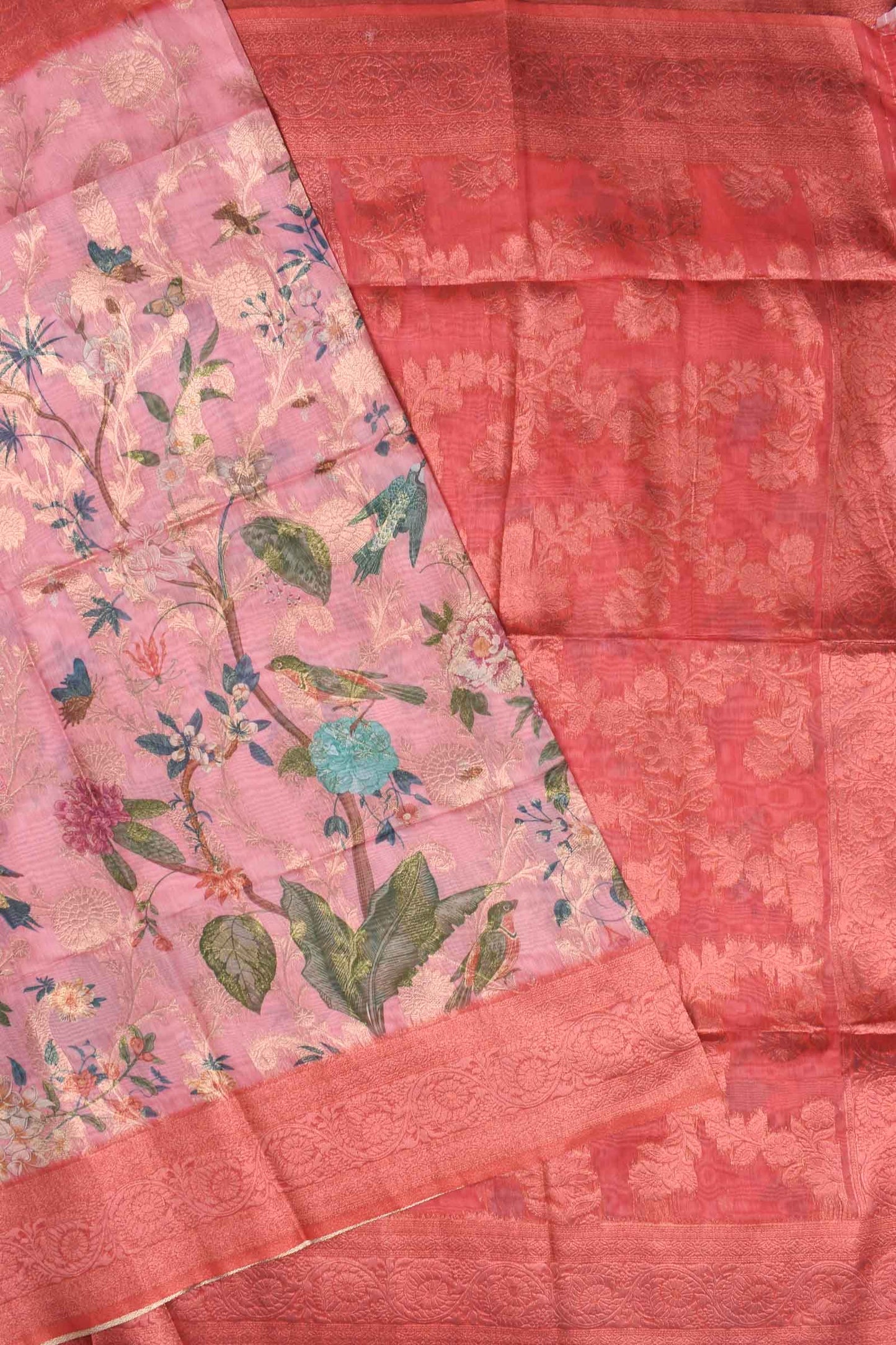 Pink Fancy Barbari Silk Bird Garden Print Saree