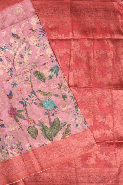 Pink Fancy Barbari Silk Bird Garden Print Saree