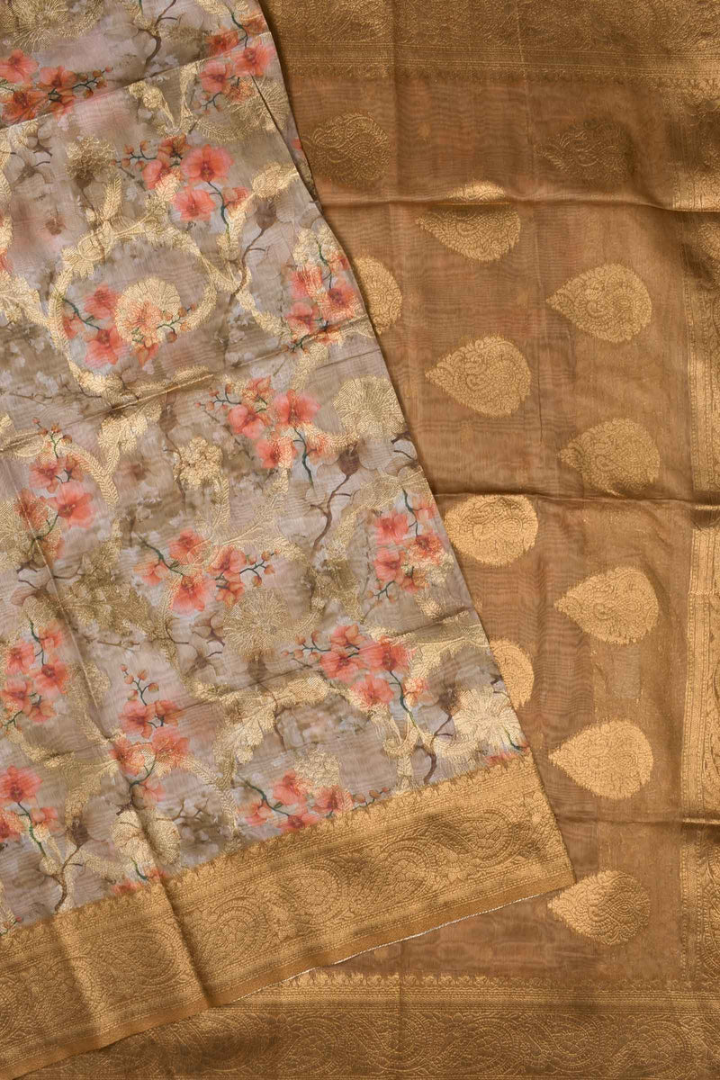 Light Brown Fancy Barbari Silk Floral Print Saree