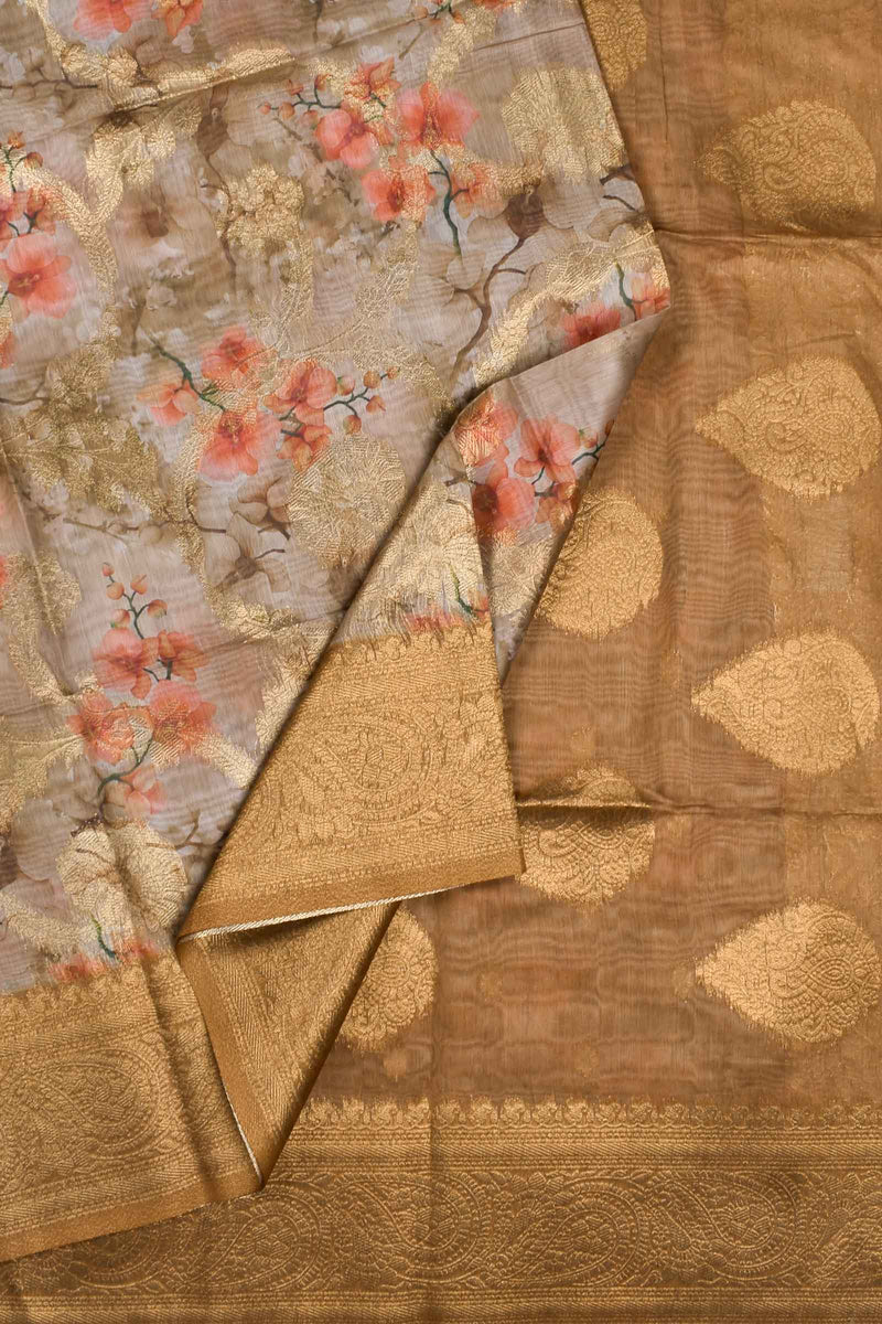 Light Brown Fancy Barbari Silk Floral Print Saree