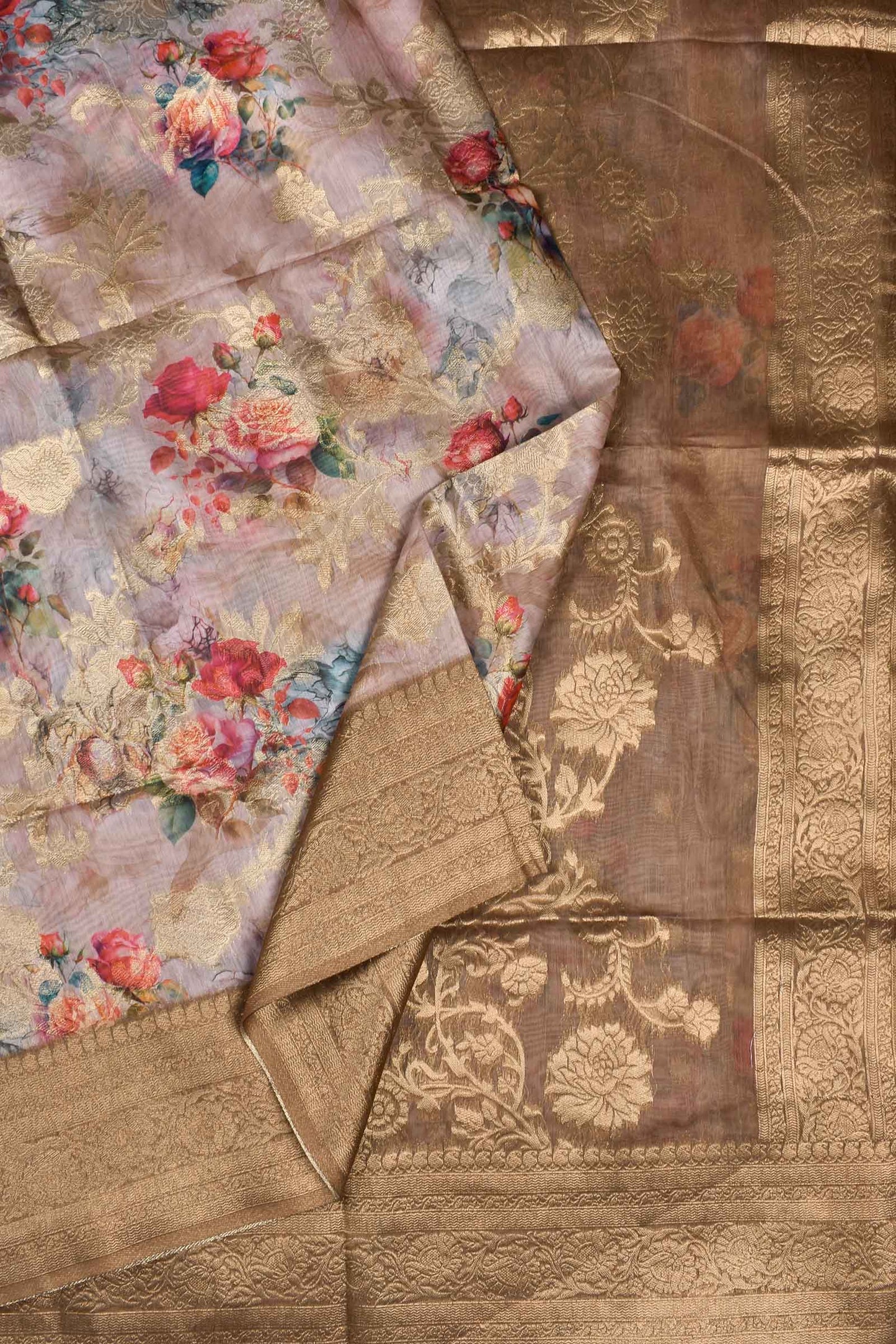 Brown Fancy Barbari Silk Floral Print Saree