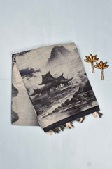 Black Semi Linen Classic Japanese Homes Print Saree