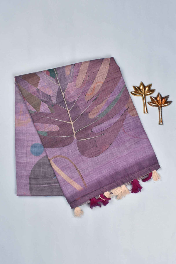 Light Violet Semi Linen Sunrise Leaves Print Saree